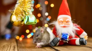 A gray and white rat sitting on the floor of a home beside a Santa Claus ornament. Holiday pest control from Forest Pest Control can prevent pest infestation.