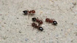 Four black ants gathered on a concrete floor.