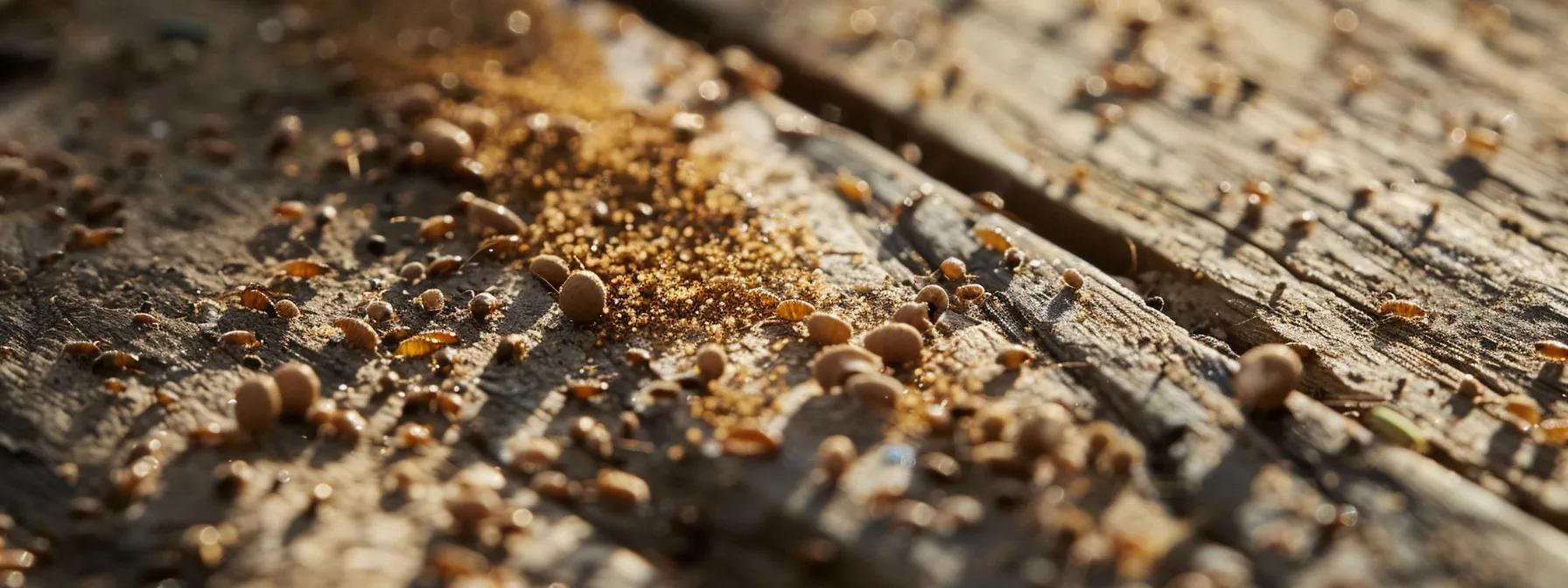 a close-up shot of a concentration of uniform, pellet-like termite droppings scattered on a wooden surface in a well-lit urban pest control office, highlighting the distinct texture that differentiates it from sawdust.