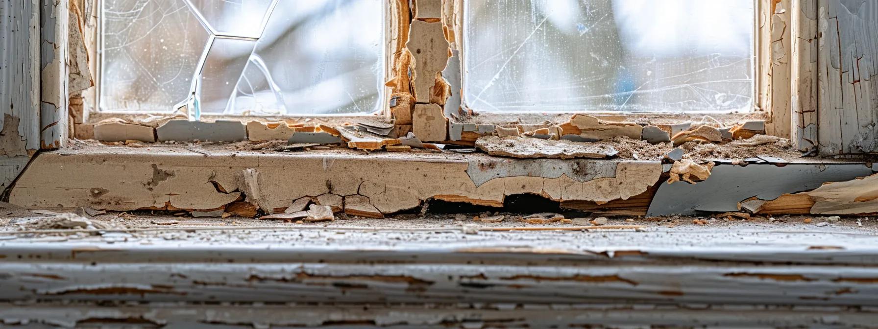 a close-up view of a well-lit, meticulously organized home office, highlighting a revealed section of damaged wooden window frames and peeling paint, symbolizing the subtle indicators of a termite infestation.