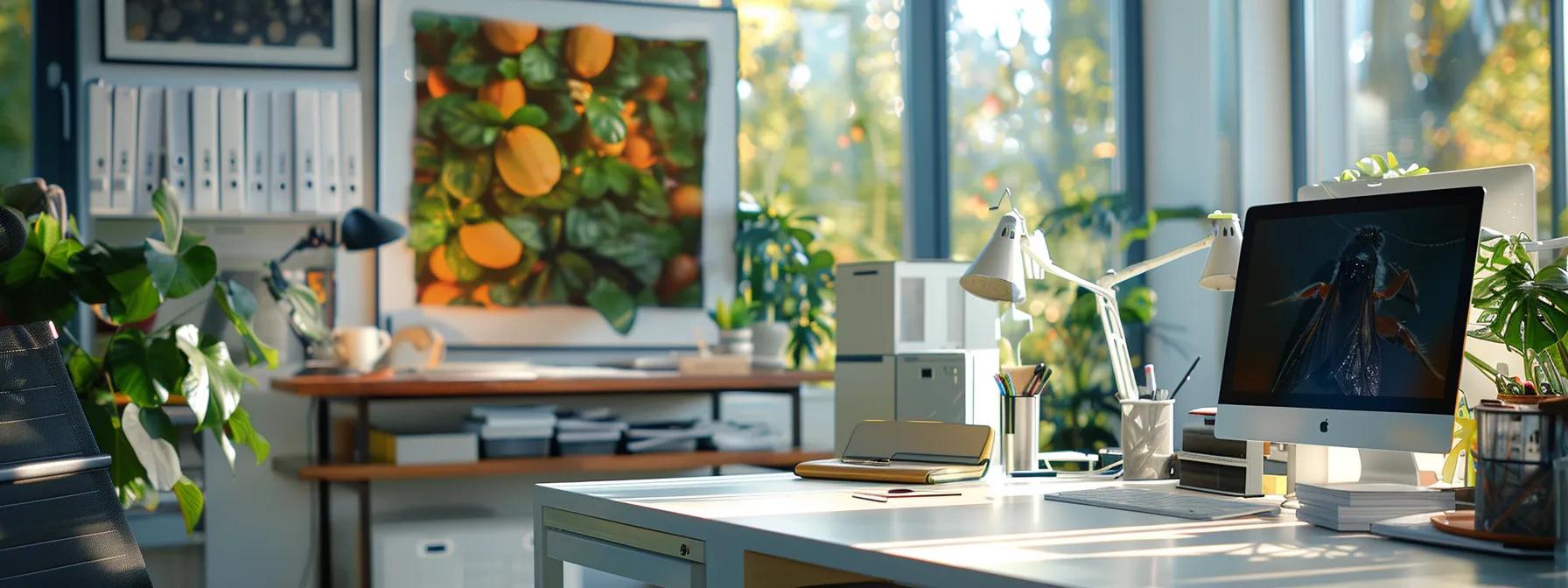 a focused office space showcases an open pest identification guide prominently displayed on a sleek desk, accompanied by vivid images of common household pests, conveying a sense of urgency and empowerment for homeowners facing infestations.