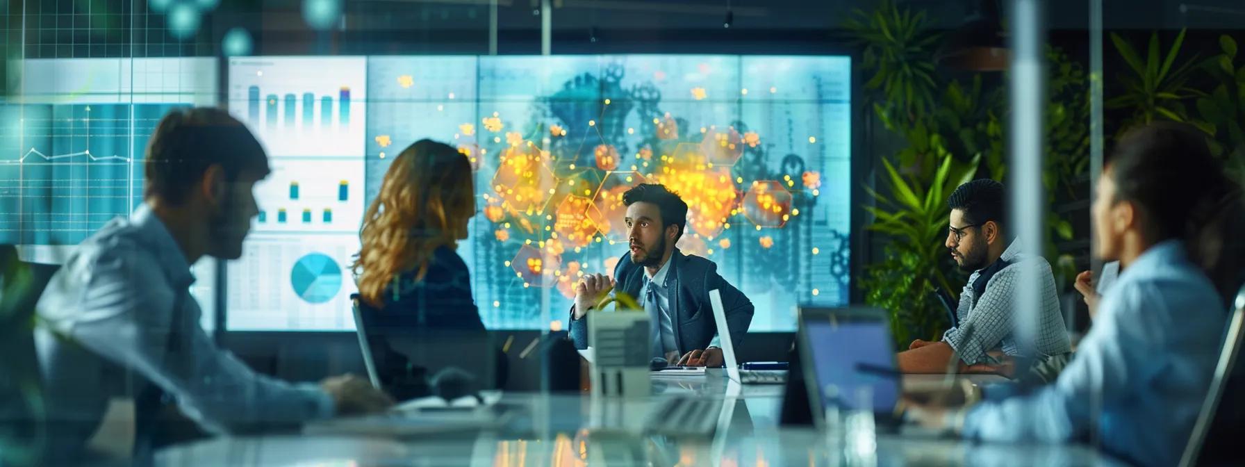 a modern office environment showcases a diverse team of professionals engaged in a animated discussion, with a digital screen displaying data analytics for pest control strategies, symbolizing proactive and innovative approaches to fortifying businesses against future pest threats.
