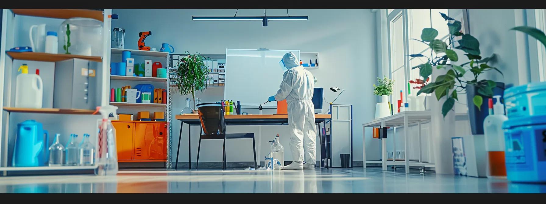 a modern, well-lit office space featuring a professional exterminator examining pest control solutions and equipment, surrounded by neatly organized cleaning supplies and visual aids on a pristine whiteboard.