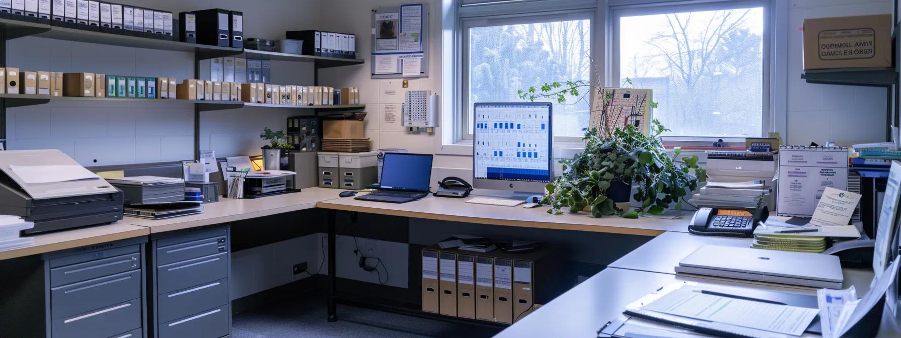 a modern, well-organized pest control office features a central table filled with pest management brochures and a laptop displaying a digital pest prevention checklist, illuminated by bright, focused lighting to emphasize the proactive strategies against summer infestations.