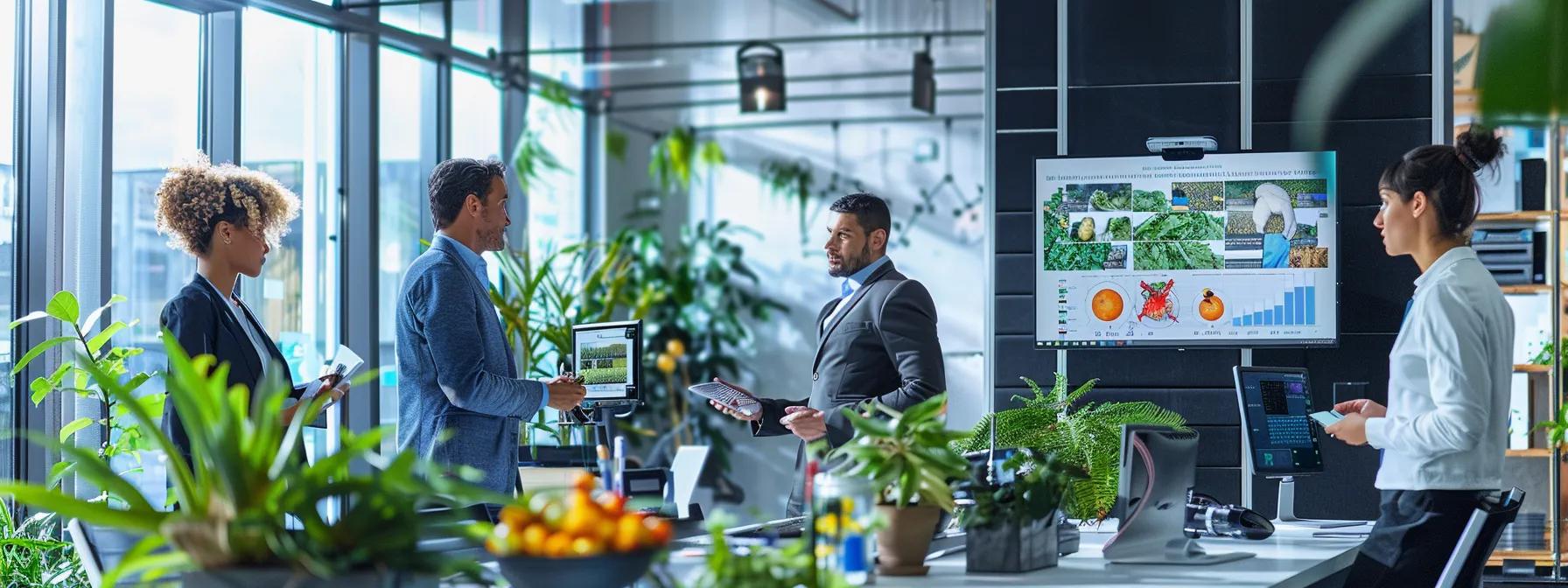 a sleek, modern office environment features a diverse group of pest control professionals discussing vibrant charts and images showcasing various biological control agents against a backdrop of high-tech equipment and eco-friendly pest solutions.