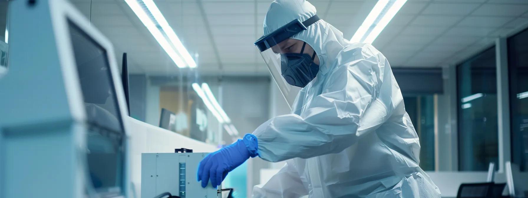a sleek, modern office environment showcases an exterminator in protective gear confidently inspecting a high-tech pest control device, emphasizing the strategic investment in pest management for business efficiency and profitability.