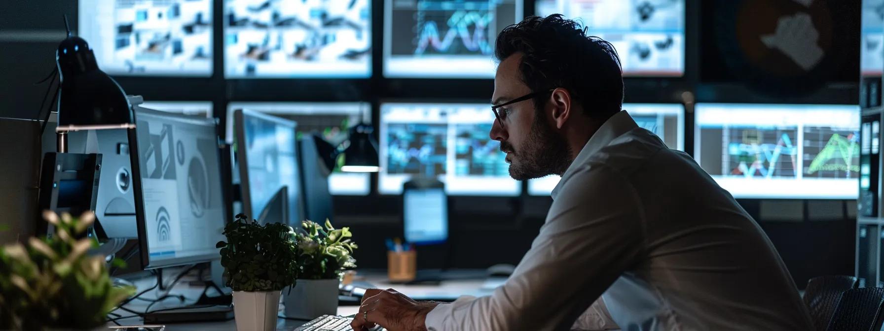 a busy office environment displays a professional pest control expert examining a strategically placed pest monitoring device, with various industry-specific pest images in the background highlighting the importance of customized solutions.