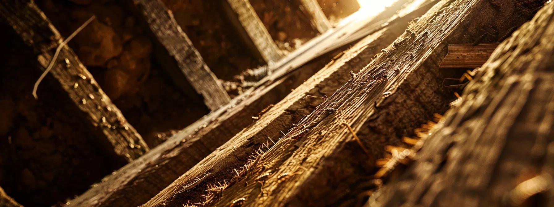 a close-up view of a termite nest hidden within a dark, cramped crawl space, revealing intricate, maze-like pathways etched into the wooden beams, illuminated by a focused artificial light that emphasizes the detailed texture and structure of the wood.