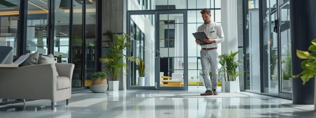 a focused scene in a modern office setting showcases a resolute exterminator in professional attire strategically applying pest control solutions while scrutinizing a clipboard, emphasizing the theme of commercial pest control for business success.