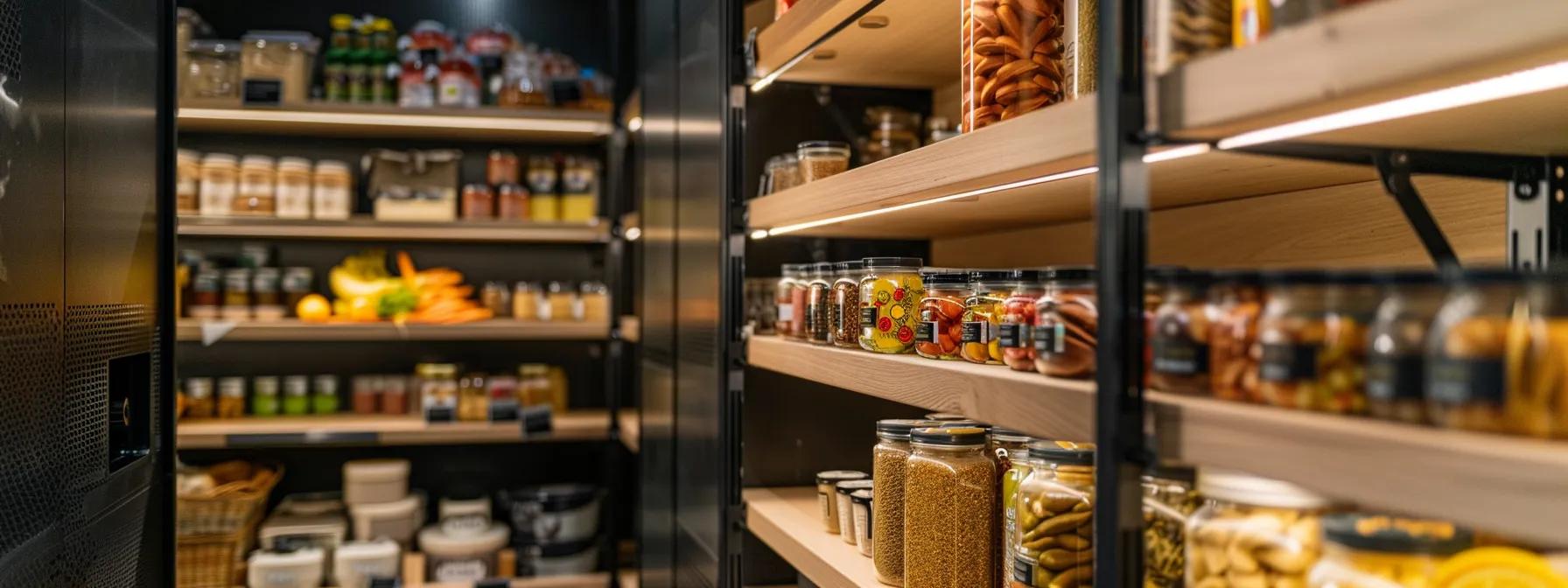 a focused shot of a modern kitchen pantry, meticulously organized, showcasing various food items, with unmistakable fabric and stored product pests discreetly lurking among the shelves, starkly illuminated by overhead lighting to emphasize the potential threat to stored goods.