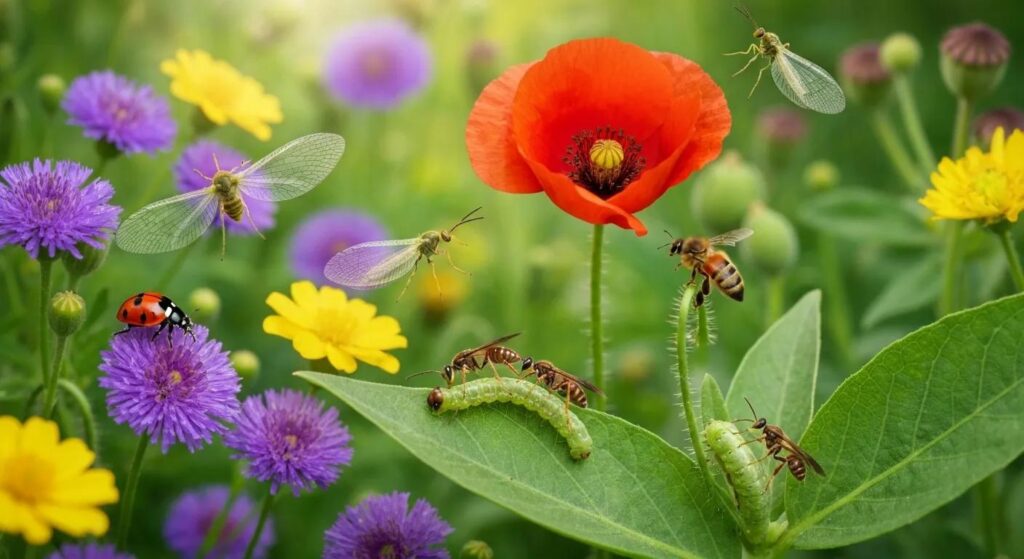 Colorful beneficial insects in a garden, highlighting natural pest control methods