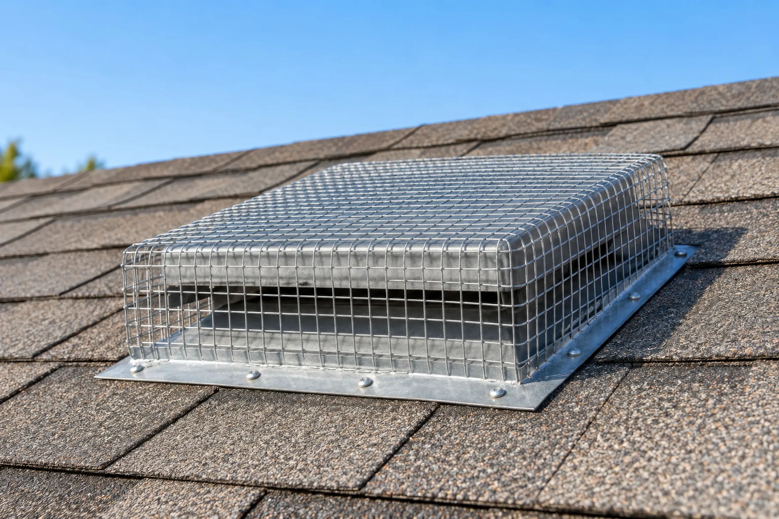A metal grate around a vent on a roof to prevent wildlife from getting into a home's attic.